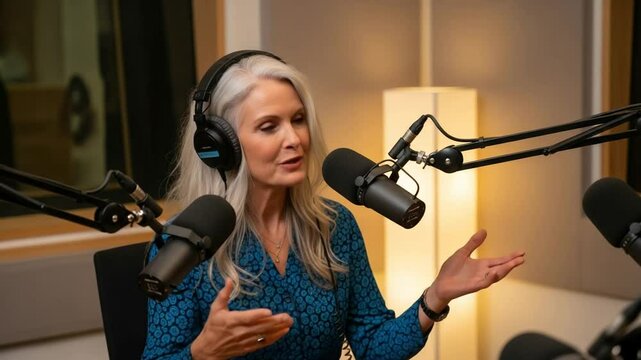 Mature Woman With Gray Hair Speaking Into Microphone In Studio Setting Wearing Headphones And Blue Dress