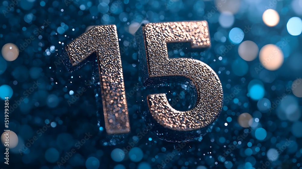 Poster shiny metallic number 15 stands out against a sparkling blue bokeh background, creating a festive an