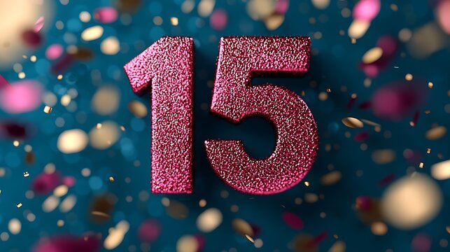 Glittery pink number 15 surrounded by colorful confetti on a blue background, creating a festive celebration vibe.