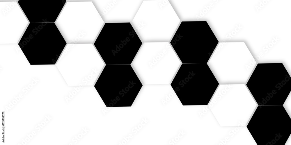 Poster black and white hexagons arranged in a repeating pattern design style.