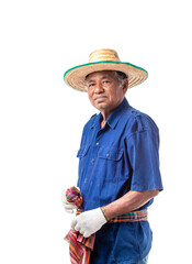 Portrait of smiling senior Asian farmer wear a hat and looking at camera isolated on white background. Clipping path