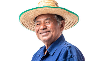 Portrait of smiling senior Asian farmer wear a hat and looking at camera isolated on white background. Clipping path