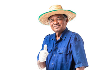 Portrait of elderly Asian man farmer wears a hat, blue shirt thumbs up and looking at camera, isolated on white background with clipping path.