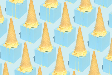 Ice cream melting on a blue background. Summer concept.