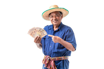 Happy smiling of elderly Asian farmer man wear a hat holding Thai banknotes money isolated on white background. Clipping path