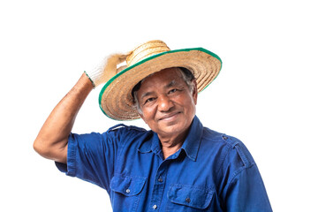 Portrait of smiling senior Asian farmer wear a hat isolated on white background. Clipping path