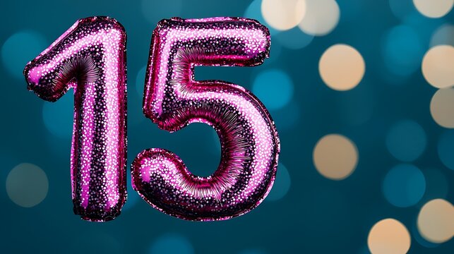 Shiny pink balloon numbers "15" float against a blue bokeh background, suggesting a festive celebration or milestone event.
