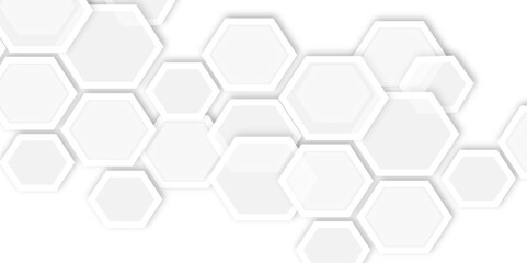 white background featuring a geometric pattern of overlapping hexagons, creating a modern and abstract design with subtle shadows.