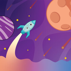 rocket launch into space vector illustration template graphic design . outer space exploration with shooting stars and planet for astronomy and science idea with backgrounds in flat style