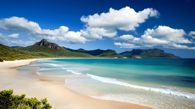 Whitsunday Islands: Stunning Beach with White Sand, Turquoise Water, Green Mountains, and Clear Blue Sky at Resort Center