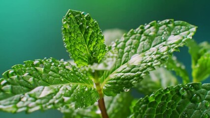 Close-up of fresh mint leaves covered in water droplets