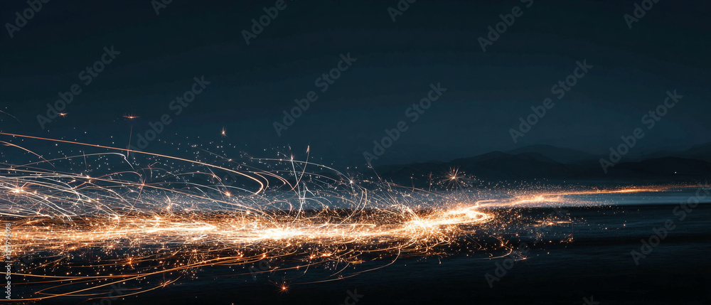 Poster a captivating display of light trails and sparks against a dark blue background creating a dynamic e