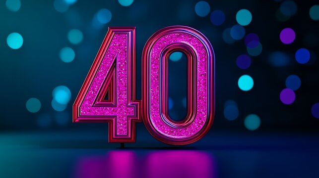 Glittering pink number "40" stands out against a festive, colorful bokeh background.