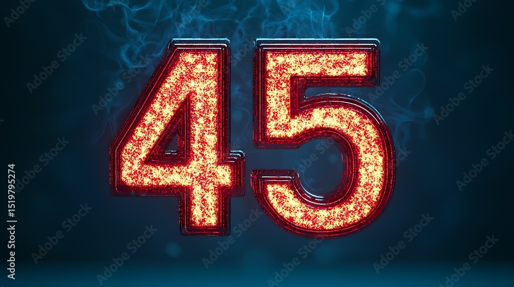 Poster glowing red number 45 with sparkling texture on a dark smoky background.