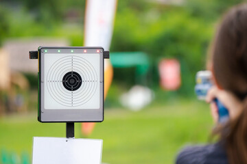 sports shooting range with targets prepared for firearms shooting - shooting training laser gun.