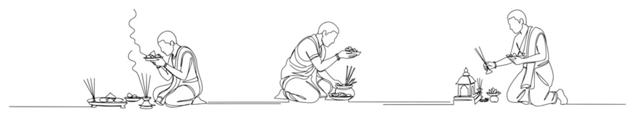 monks in ritual line art buddhist spiritual ceremony with incense minimal vector illustration