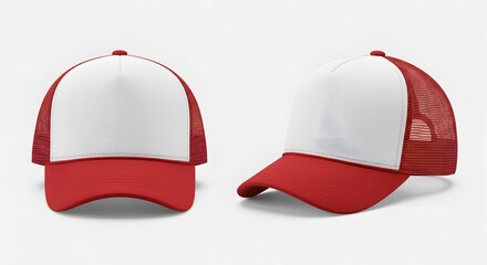 Red and White Trucker Hat Mockup Two Views of a Classic Design