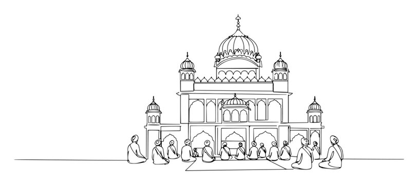 sikh temple with people praying line art golden temple illustration minimal vector