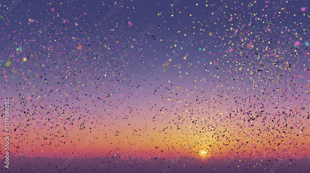 Poster a gradient sky with a sunset and many small colorful particles floating in the air at dusk time scen