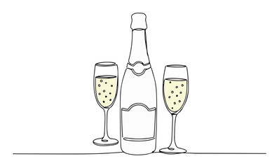 champagne bottle with two glasses line art