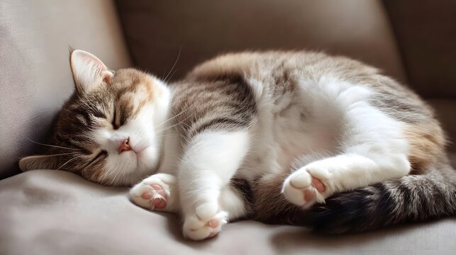 A tabby cat sleeping peacefully on a gray couch.