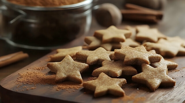 Delicious homemade star-shaped cookies with cinnamon on a rustic wooden board - Powered by Adobe