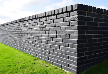 Modern dark brick wall construction featuring corner detail and lush green grass