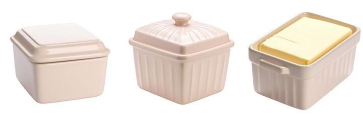 Ceramic butter dish set with textured lids pastel color isolated transparency background, elegant kitchenware for serving