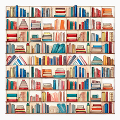 simple illustration on white background; isolated shelves of books; repeating pattern