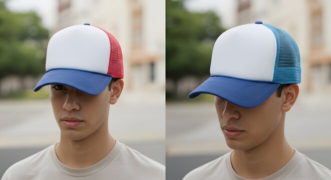 Two-Tone Trucker Hats Red & Blue, Blank Style, Perfect for Customization