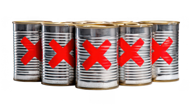 Metal cans marked with red xs on a transparent background symbolize food waste, contamination, and rejection, highlighting the need for food safety and responsible consumption
