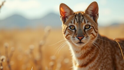Obraz premium Closeup Portrait Of A Domestic Cat In A Desert Environment During Golden Hour