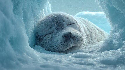 氷の中で安らかに眠るアザラシの赤ちゃん