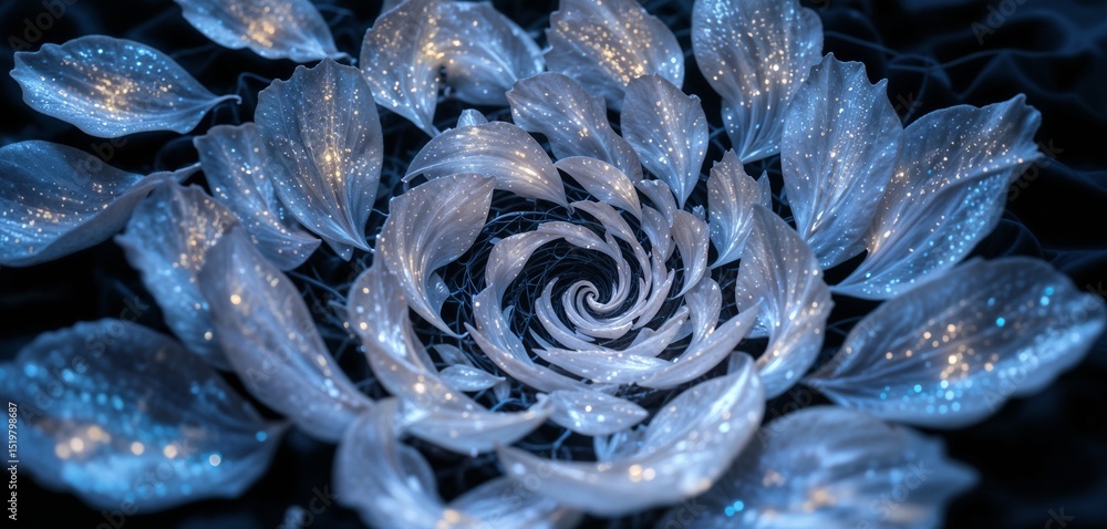 Poster a shimmering flower with translucent petals arranged in a spiral pattern against a dark background