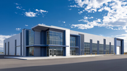 An exterior view of a modern industrial plant with solar panels and clean architectural lines, smoke-free and environmentally friendly design, large windows and advanced infrastructure
