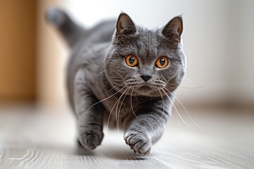 A gray cat with striking orange eyes runs energetically on a wooden floor, showcasing its playful nature