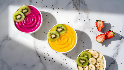 Healthy smoothie bowls with vibrant tropical fruits, top view