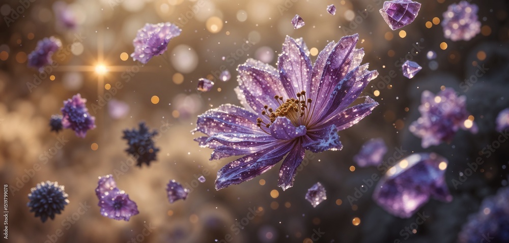 Poster a sparkling purple flower with crystals floating around it in a dreamy and magical setting light bok