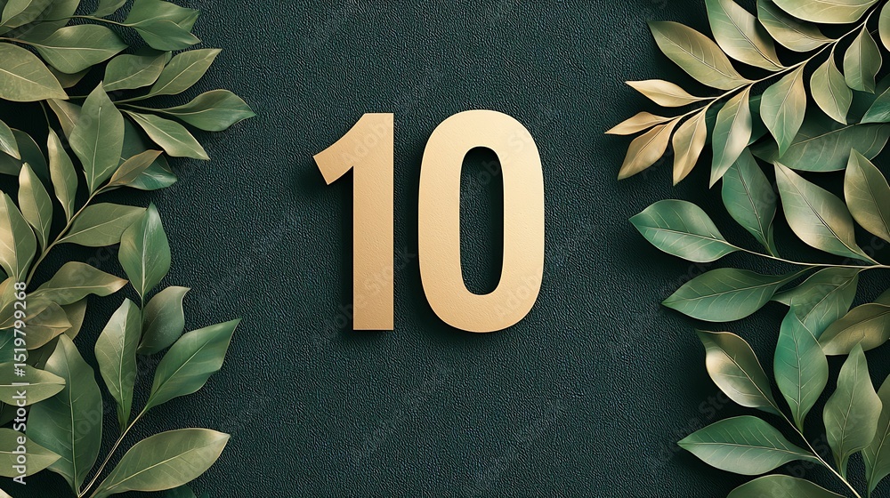 Poster a large gold number 10 is centered on a dark textured background surrounded by green leafy branches.
