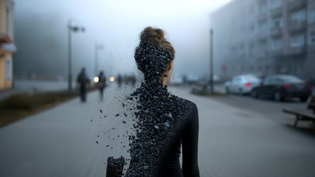 A woman walking on a city street, with the surreal effect of parts of her body disintegrating or breaking down into tiny particles