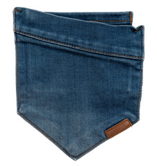Piece of torn denim on a white background. Denim texture. Pocket