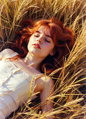 Femme rousse aux cheveux flamboyants endormie ou rêvant paisiblement dans un champ de blé doré.
