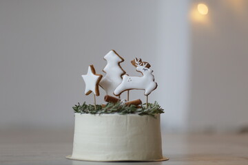 Christmas White Cake with Reindeer, Christmas Tree and Star