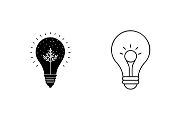 Two creative illustrations of lightbulbs featuring concept of ideas and nature in black and white