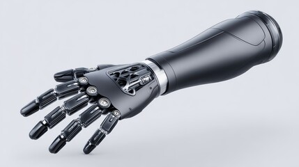 A sleek, black robotic arm with articulated fingers, showcasing advanced prosthetic and robotic technology.