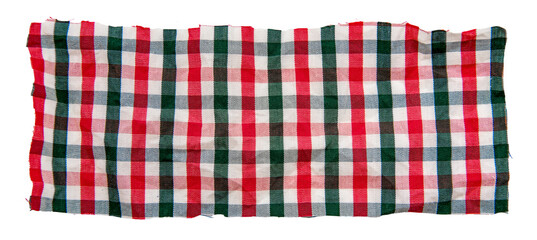 Piece of torn crumpled checkered fabric on a white background. Textile. Cellular tissue isolate