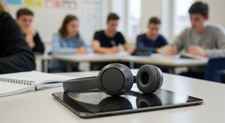 Black headphones and tablet on a desk in a classroom with students engaged in writing for back to school