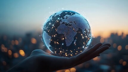 Holding World Globe Digital Connection in Hand Over Cityscape Background