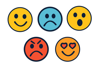 Emoticon emoji faces show happy, sad, surprised, angry, and love.