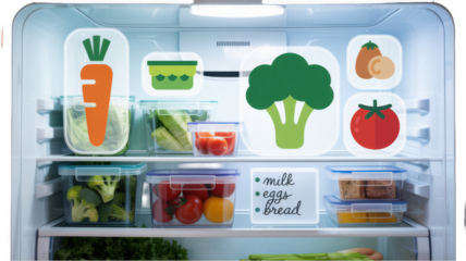 Open refrigerator containing various fresh produce in transparent containers, along with a digital shopping list featuring milk, eggs, and bread, all displayed against a transparent background